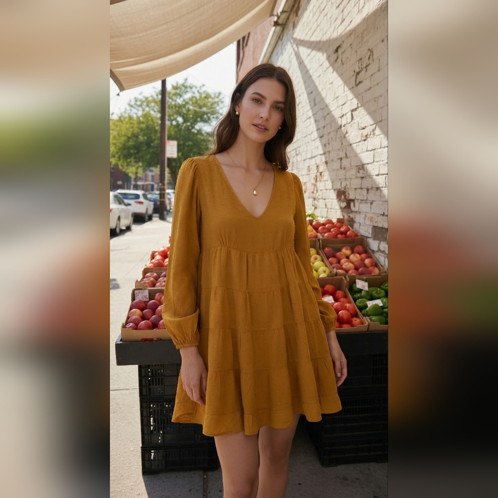 Women's Mustard Tiered‎ V-Neck Long Sleeve Dress